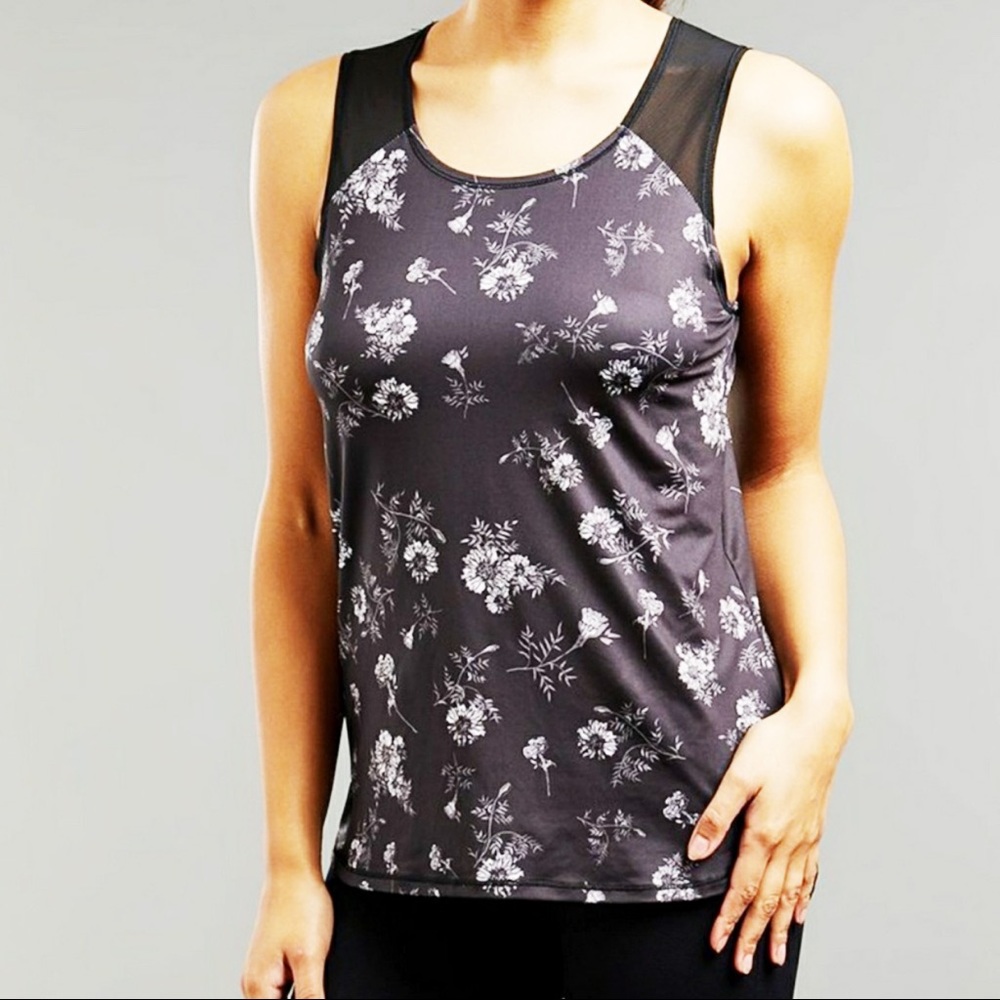 🌸Tema Black Floral Mesh Panel Athletic Tank